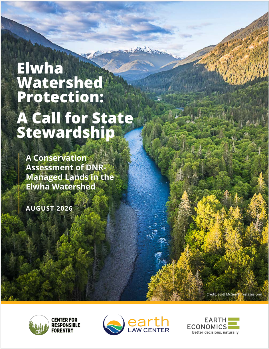 Cover image of the Elwha Watershed Protection Report showing the blue Elwha River, surrounded by healthy forests flowing from snow capped mountains